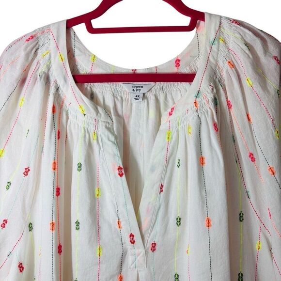 Crown & Ivy 4X lined white & multi boho  notch neck peasant blouse - Picture 2 of 11